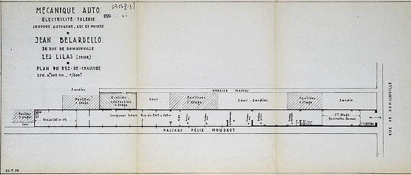 Plan du rez-de-chaussée de l'atelier de mécanique-auto Jean Bellardello, 1959.