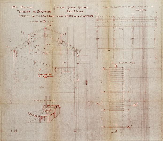 Plan accompagnant une demande de permis de construire : 'Mr. Pietinot [sic] Fonderie de bronze / Projet de modification d'une partie de la charpente', coupes et croquis, 1947.