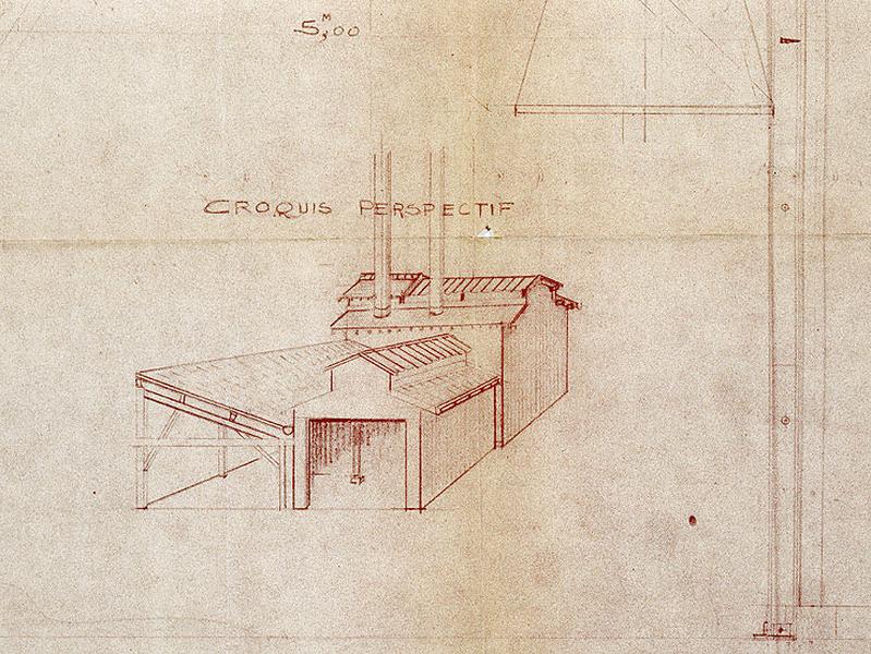 Détail d'un plan accompagnant une demande de permis de construire : 'Mr. Pietinot [sic] Fonderie de bronze / Projet de modification d'une partie de la charpente', 'croquis perspectif', 1947.