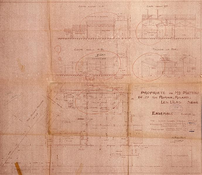 Plan accompagnant une demande de permis de construire : 'Propriété de Mr. Piattino [...] Ensemble', plan-masse, coupes et élévations, 1949.
