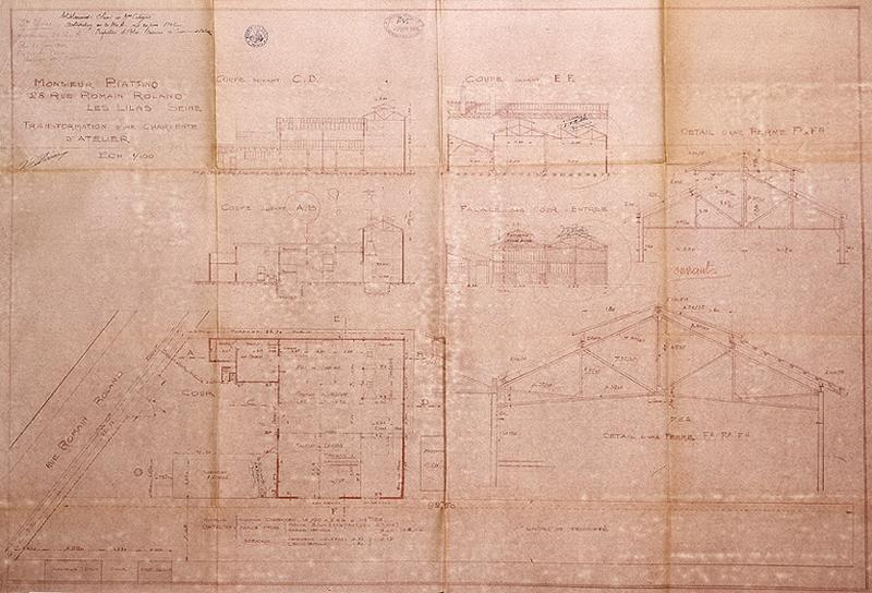 Plan accompagnant une demande de permis de construire : 'Propriété de Mr. Piattino [...] Transformation d'une charpente d'atelier', plan-masse, coupes et élévations, 1949.