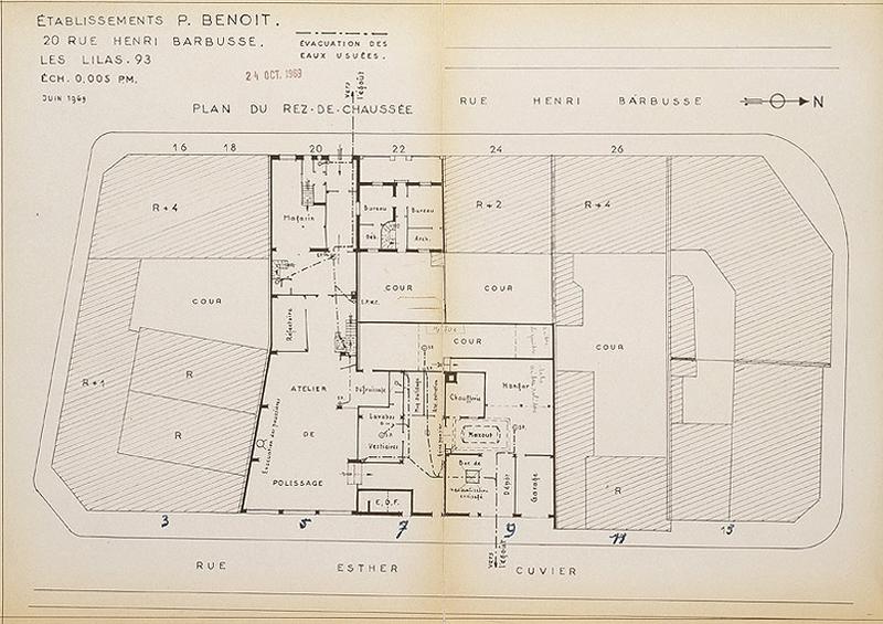 Plan du rez-de-chaussée, indiquant la fonction des ateliers, 1969.