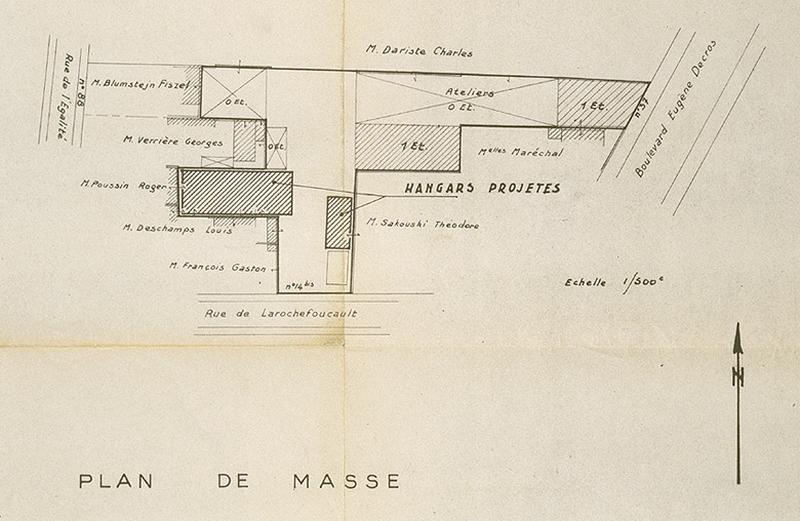 Plan accompagnant une demande de permis de construire : 'Projet de construction de 2 hangars préfabriqués', plan-masse, 1962.
