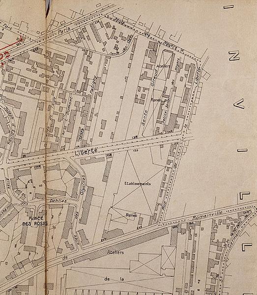 Plan de la commune des Lilas en 1933. Détail montrant l'implantation des ateliers de la Compagnie du Ronéo.