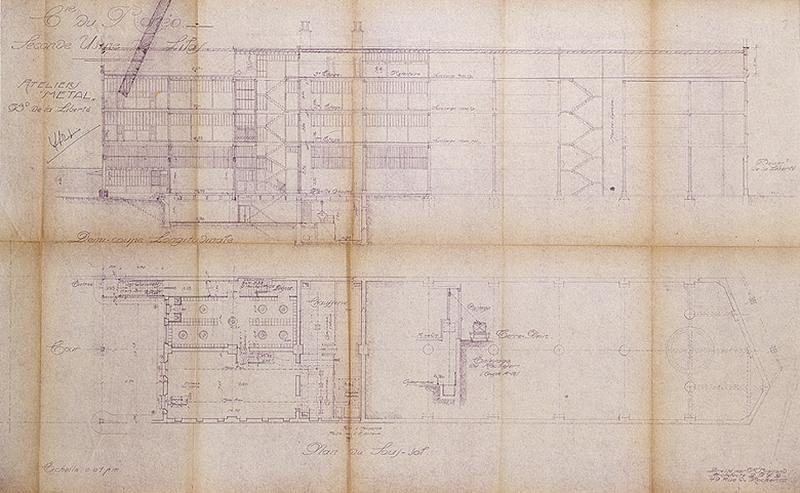 Plan accompagnant une demande de permis de construire : 'Cie du Ronéo, Seconde usine des Lilas, Ateliers 'Métal' (...) demi-coupe longitudinale, plan du sous-sol', 1951.