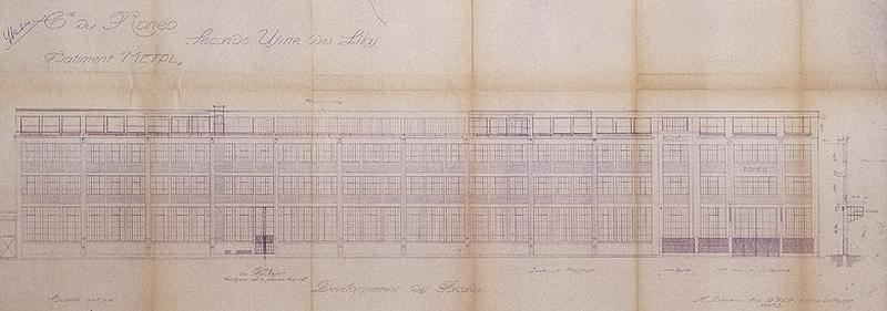 Plan accompagnant une demande de permis de construire : 'Cie du Ronéo, Seconde usine des Lilas, Ateliers 'Métal' (...) développement des façades', 1951.