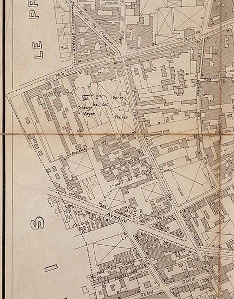Plan de la commune des Lilas en 1933. Détail montrant l'implantation des anciennes usines Kalker.