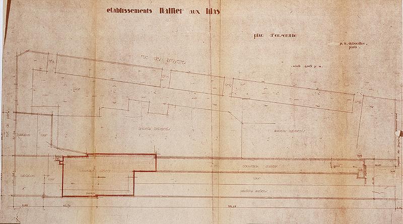 Plan accompagnant une demande de permis de construire : 'Etablissements Kalker aux Lilas, plan d'ensemble', 1946.