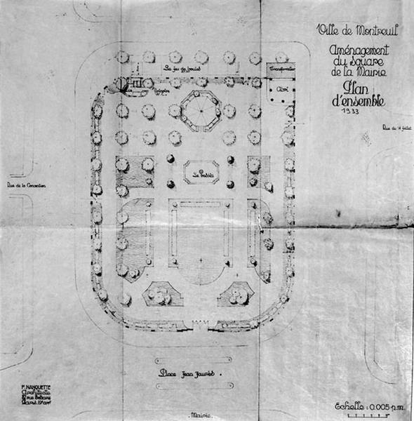 Aménagement du square de la mairie, plan d'ensemble par Florent Nanquette, 1933.