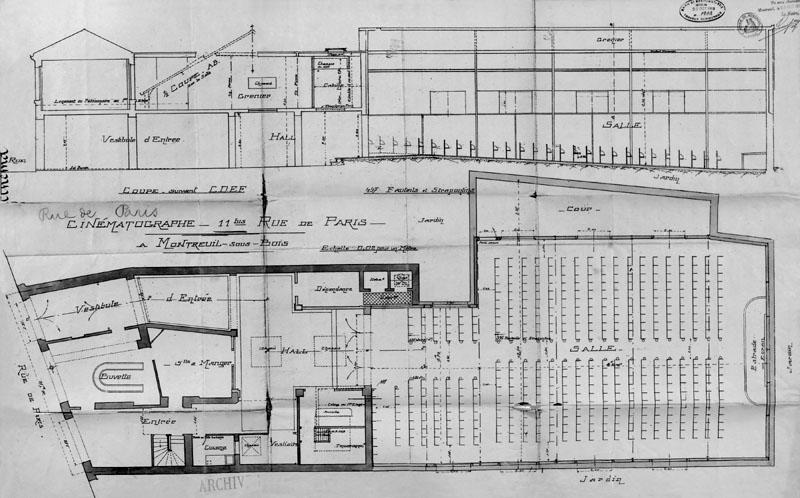 Plan et coupe d'un cinéma au 11bis, rue de Paris.