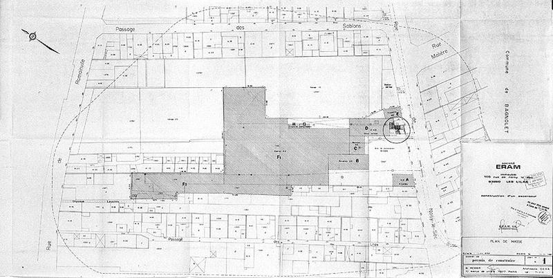 Plan de l'usine ERAM (Etudes, Réalisations, Accessoires mécaniques, fabrication de trains d'atterrissage et mécanique générale) accompagnant une demande de permis de construire : 'construction d'un ascenseur, plan de masse', indication sommaire de la fonction des bâtiments situés en coeur d'îlot, 1982.