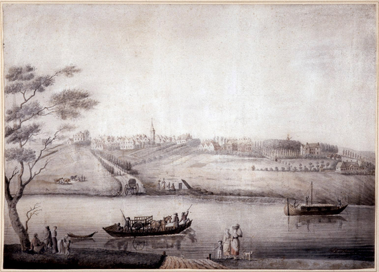 Dessin aquarellé du début du XIXe siècle représentant le bac qui a été remplacé en 1831 par le pont de Bry.