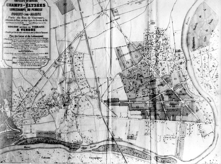 Plan des nouveaux quartiers des Champs-Elysées et de Longchamps du Perreux. Le plan est perdu, reste aux AM le tirage photographique ayant servi à imprimer l'ouvrage de Pierre Champion et d'Alexandre Salabert paru pour le cinquantenaire de la ville.
