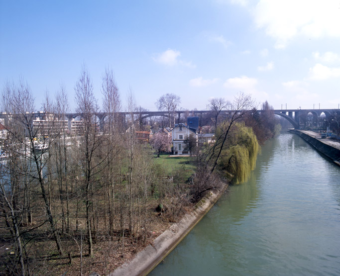 Vue depuis le pont de Nogent/Champigny vers le viaduc, au premier plan l'île des Loups.