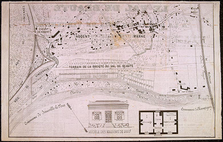 Plan du lotissement du Val de Beauté. circa 1860. verso présentant le plan et l'élévation d'une maison type à 2000 F.