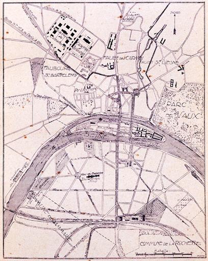 Plan de Melun en 1912 avec les projets proposés par 'Stapathi', alias Edmond Delaire. Parmi ces projets figure la création de deux cités ouvrières.