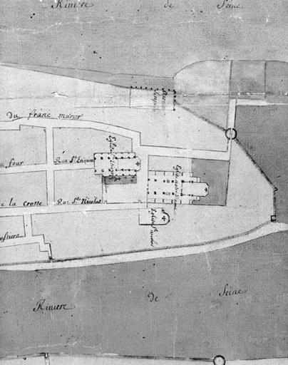 Détail du plan de Melun par Limosin (XVIIIe siècle) : la pointe orientale de l'île Saint-Etienne, avec ses nombreux établissements religieux (collégiale Notre-Dame, hôtel-Dieu Saint-Nicolas, église paroissiale Saint-Etienne, 'ancien temple').