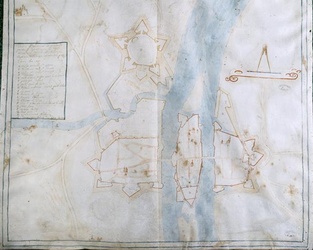 'Désain est anotations des prinsipalles parties de la fortification des villes, chateau et sitadelles de Melun, du cappitaine Ambroise, representer par alfabe. L'en 1597.' Vue d'ensemble du plan.