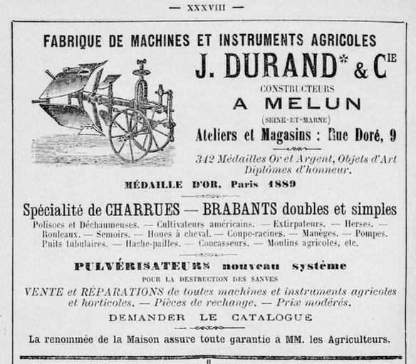 Publicité pour la fabrique de machines agricoles J. Durand et cie.