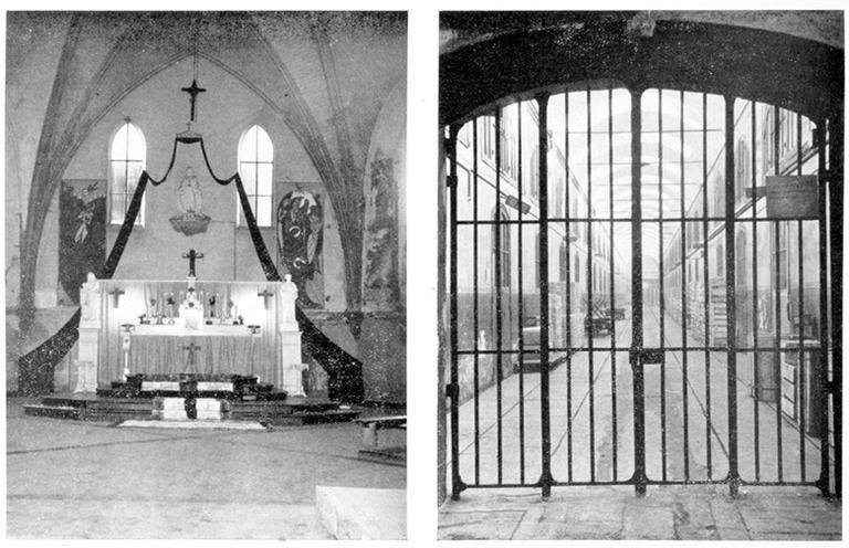 Deux vues de la maison centrale de détention en 1954 : l'autel de la chapelle et la grille d'entrée de la galerie des ateliers.