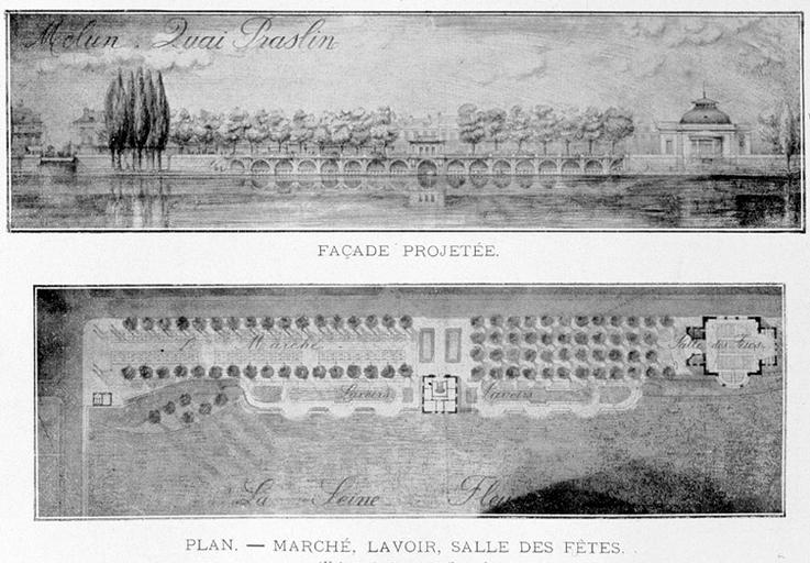 Projet (non réalisé) de réfection du quai Praslin avec aménagement de lavoir, d'un marché couvert et d'une salle des fêtes, par E. Delaire, 1912. Elévation sur la Seine et plan.