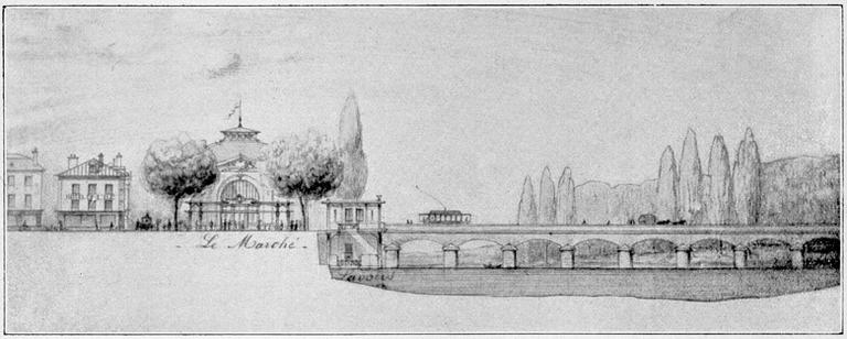 Projet (non réalisé) de réfection du quai Praslin avec aménagement de lavoirs et construction d'un marché couvert, par E. Delaire, 1912 : coupe nord-sud.