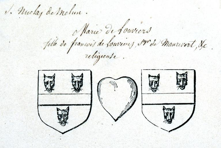 Armoiries relevées dans l'ancien hôtel-Dieu Saint-Nicolas : armes de Marie de Louviers, fille de François de Louviers, seigneur de Maurevert, religieuse.