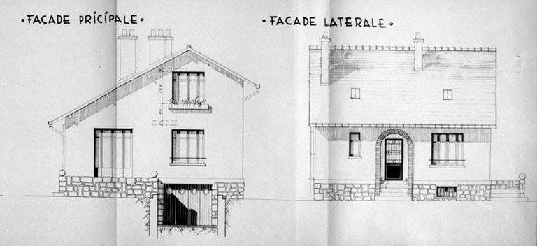 Projet de l'architecte parisien Edouard Thomas pour une maion des 'Castors des Capucins'. Façade principale et façade latérale.