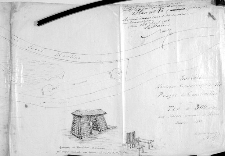 Plan pour établir un tir au fusil de 300 mètres, au lieu-dit Les Marais (en bordure de l'Almont). Détail : les meurtrières et créneaux.