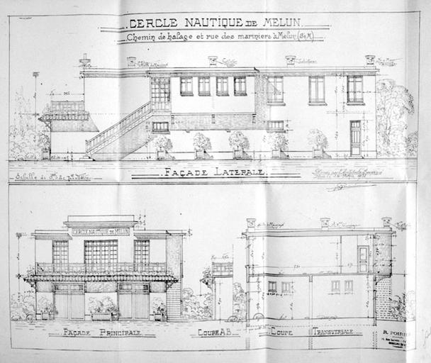 Projet de l'architecte parisien R. Poirier : élévation latérale, façade et coupe.