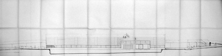 Bassin découvert : élévation orientale (côté gradins). Partie centrale du document.