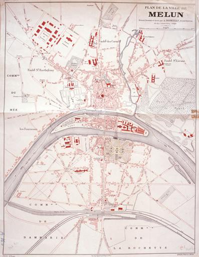 Plan de Melun, par A. Degruelle (début du XXe siècle), avec rajouts : projets d'urbanisme non réalisés.