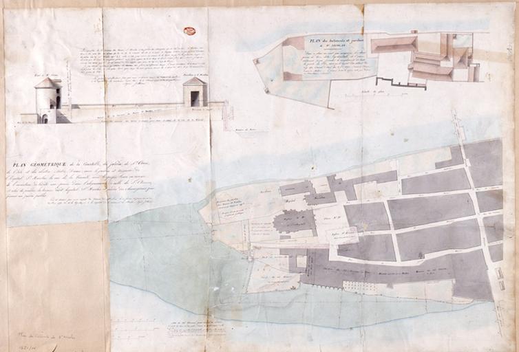 Copie (XIXe siècle) de trois relevés de Jollain (février 1793), liés à l'ancien hôtel-Dieu Saint-Nicolas (transformé en prison) : élévation de la tour Saint-Cosme, plan de l'hôtel-Dieu, et plan d'ensemble de la partie orientale de l'île Saint-Etienne.