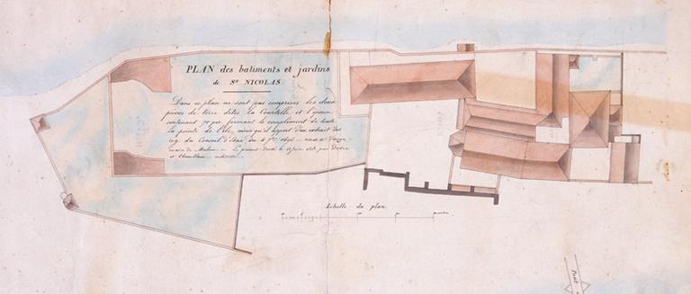 Plan des toitures de l'ancien hôtel-Dieu Saint-Nicolas (transformé en prison), exécuté par Jollain en février 1793.