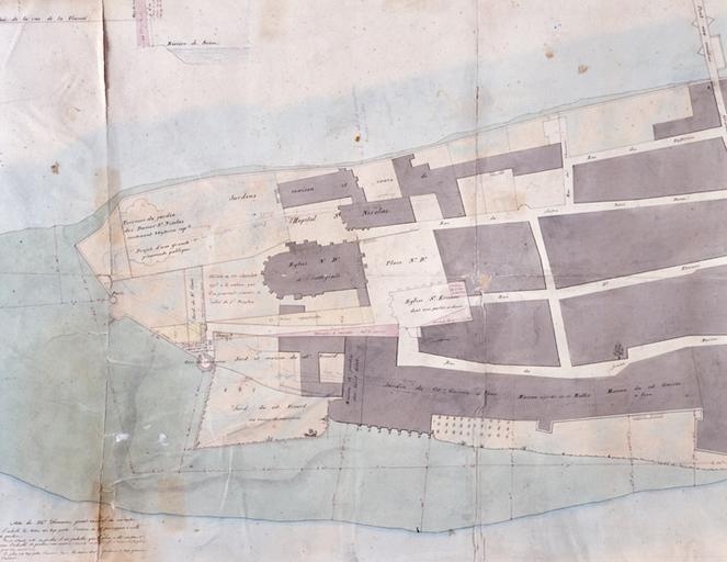 Copie (XIXe siècle) du plan de la partie orientale de l'île Saint-Etienne, exécuté par Jollain en février 1793. Le document fait apparaître l'emprise des bâtiments détruits à l'époque révolutionnaire, tels que l'église Saint-Etienne.