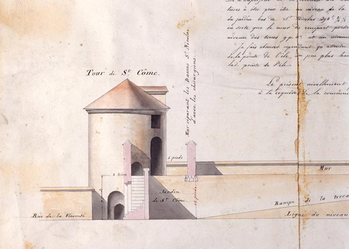 Copie (XIXe siècle) d'un relevé de Jollain (février 1793) : élévation de la tour Saint-Cosme, sur l'île Saint-Etienne.