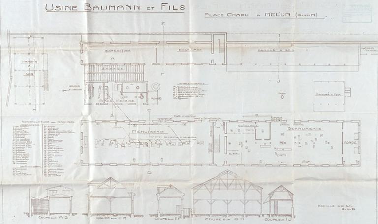 Plan au sol de l'usine (aujourd'hui disparue) vers 1925, avec emplacement des machines, et coupes.