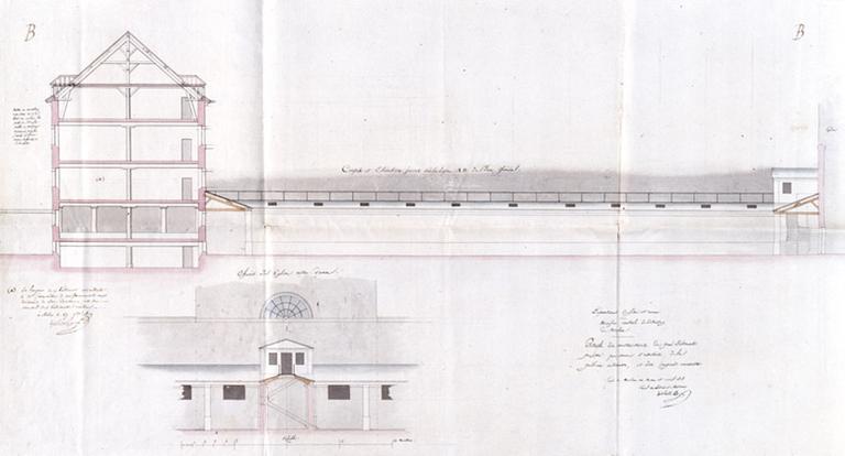 Projet d'extension par Solente, architecte départemental. Détail des constructions du grand bâtiment projeté pour servir d'ateliers, de la galerie en terrasse, et des hangars couverts.