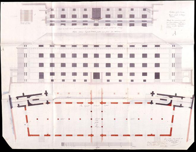 Projet d'extension par Solente, architecte départemental. Coupe, élévation et plan du grand bâtiment.