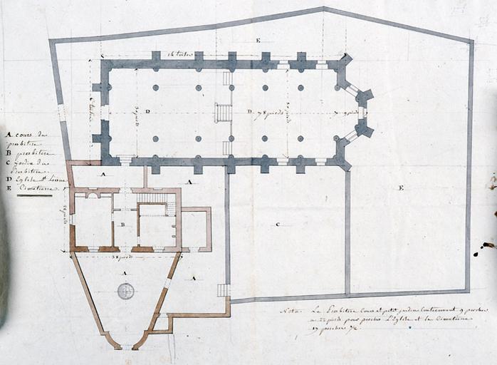 Plan de l'église Saint-Liesne, avec son presbytère et son cimetière, lors de sa vente comme bien national.