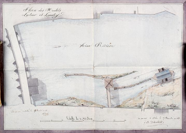 Plan des moulins Latour et Landry, sur le grand bras de la Seine.