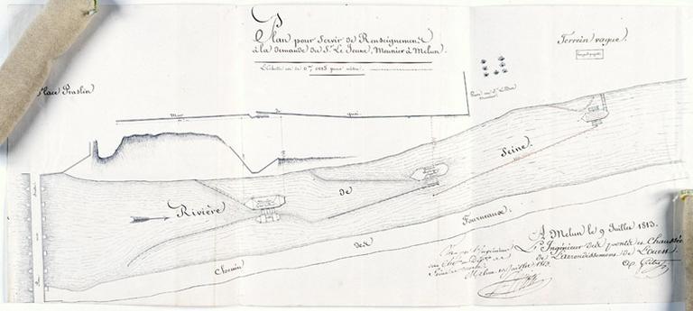 Plan des moulins bateaux installés sur le petit bras de la Seine, avec indication du changement d'emplacement du moulin Lejeune.