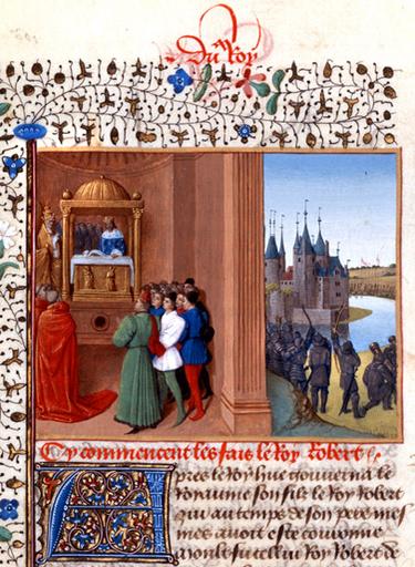 Enluminure de Jean Fouquet pour les 'Grandes chroniques de France' (vers 1460) : à droite, les troupes de Robert le Pieux assiègent le château de Melun.