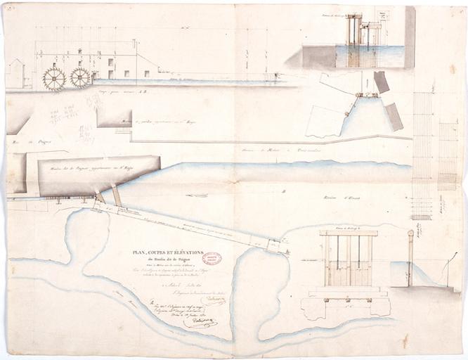 Plan, coupes et élévations du moulin de Poignet.