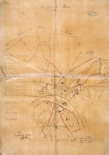 Plan de Melun en 1861, avec indication des chemins vicinaux et de grande communication.