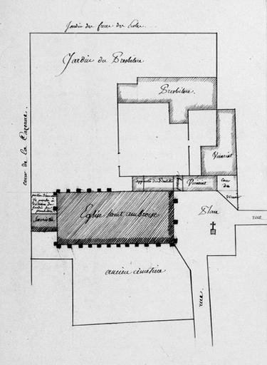 Plan de l'église Saint-Ambroise et de ses dépendances (presbytère, vicariat, cimetière) à l'époque révolutionnaire.