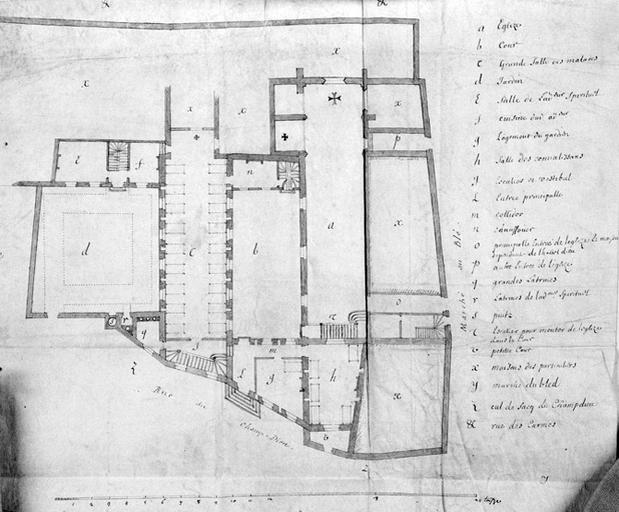 Plan des bâtiments de l'hôtel-Dieu au XVIIIe siècle.