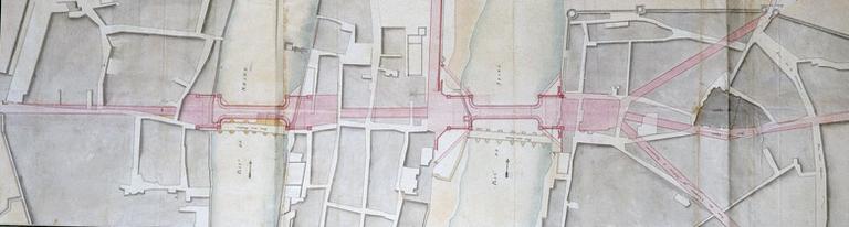 'Plan des rues et ponts projetés sur la traverse de la ville de Melun'. Projet de rectification de la traversée de Melun avec reconstruction des deux ponts sur la Seine, par les Ponts-et-Chaussées, sous la direction de Perronet.