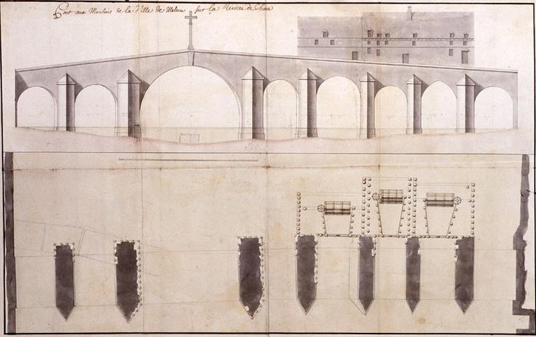 'Pont-aux-moulins de la ville de Melun sur la rivière de Seine' : élévation du pont, côté amont.