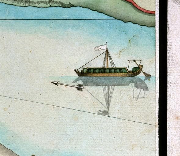 Détail de l'atlas des propriétés de l'abbaye Saint-Père, pl. 11 ('première partie des Fourneaux de Melun') : bateau sur la Seine, au niveau de la pointe occidentale de l'île Saint-Etienne.